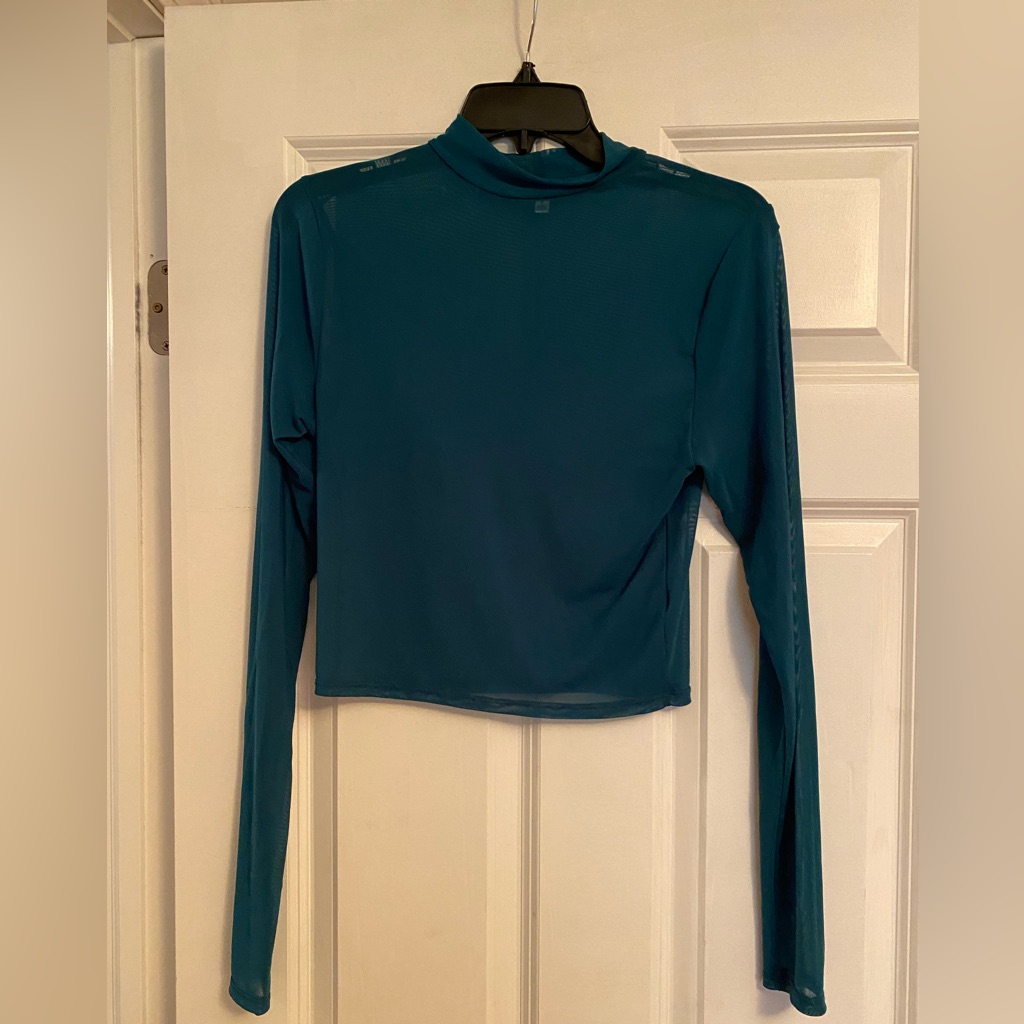 Bke Essentials Sheer Green Mock Turtle Neck Long Sleeve Burnout Top, Small